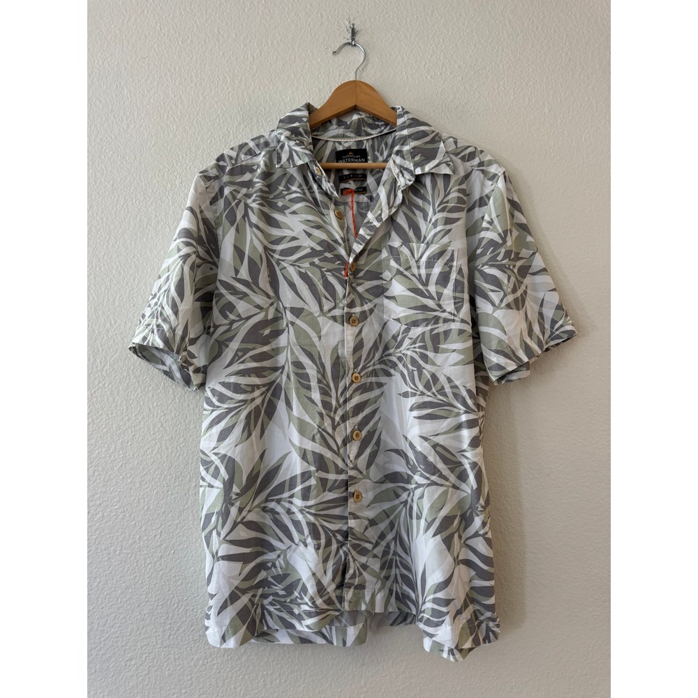 Quiksilver Waterman Leaf Print Button Down Shirt Size Small Grey White Excellent